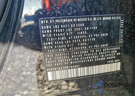 2024 Volkswagen Tiguan S из США, поврежденный, VIN 3VVFB7AX7RM164401